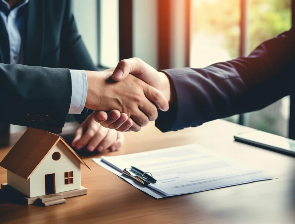 Close up image of a new land owner and broker shaking hands upon successful closing of land acquisition in a well lit room with sliding doors in the background with a contract and mini figure of a house on the table.