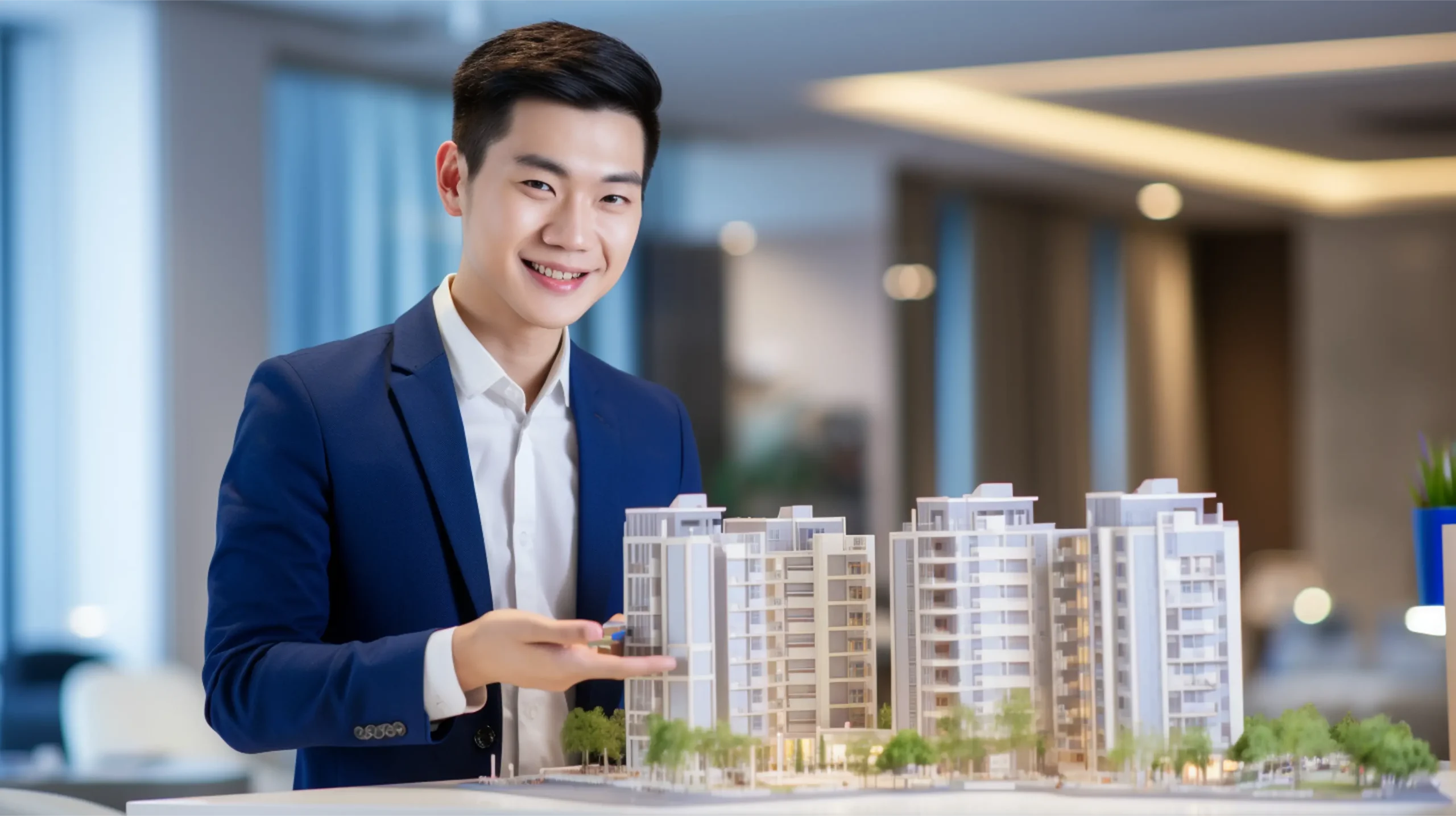 Property investment in Malaysia concept shown by a real estate professional presenting a detailed scale model of modern high-rise apartments, smiling while showcasing the development.