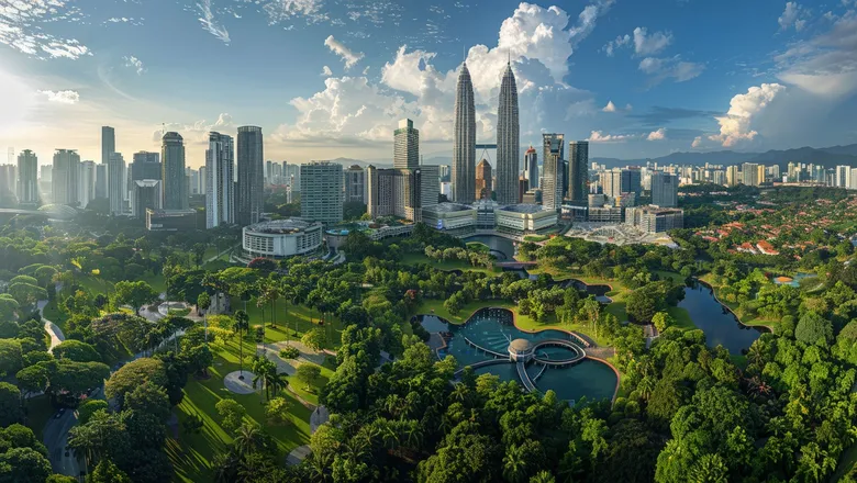 ESG in Malaysia highlighted by an aerial daytime view of Kuala Lumpur’s city skyline, featuring the Petronas Twin Towers rising above lush green parks, lakes, and surrounding urban developments.