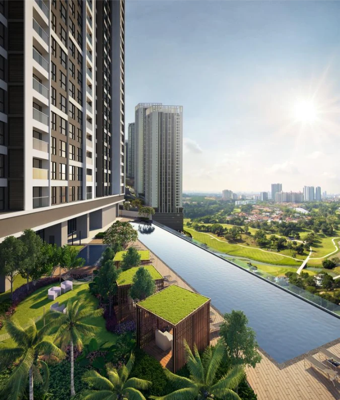 Modern high-rise residential buildings with landscaped rooftop gardens and an infinity pool overlooking a large green park and distant city skyline under bright daylight used for ESG in Malaysia blog post.