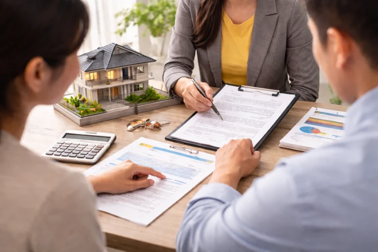 Housing loan rates discussion between an Asian couple and a real estate agent at a wooden desk, captured from a close side angle with no faces visible. The female agent points to a printed contract on a clipboard while explaining financing details, with her other hand out of view. Property documents, a financial report with charts, a calculator, and a detailed miniature house model are arranged on the table, illustrating a professional consultation about home financing and loan affordability in a bright office setting.