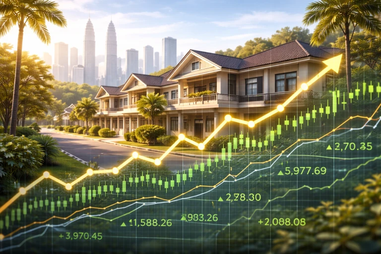 Housing loan rates stability illustrated over a modern Malaysian residential neighborhood with double-storey terrace houses and palm-lined streets, featuring a steady financial chart with green candlestick indexes set against the Kuala Lumpur skyline in the background.