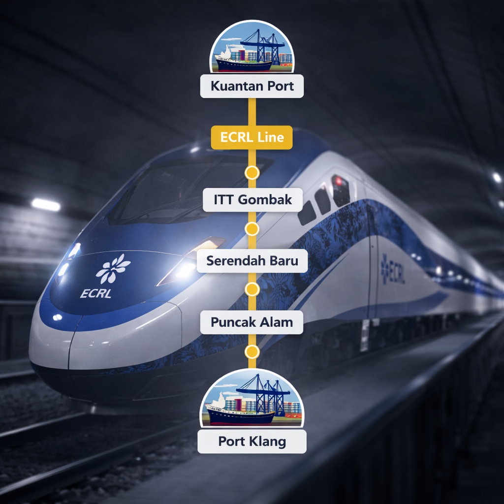 Industrial property and industrial property Klang Valley are illustrated in this visual of the East Coast Rail Link (ECRL), featuring a modern high-speed train positioned on railway tracks inside a tunnel-like station. A vertical route overlay highlights key stops including Kuantan Port, ITT Gombak, Serendah Baru, Puncak Alam, and Port Klang, visually connecting major logistics and industrial hubs. The image emphasizes enhanced connectivity between ports and inland industrial zones, reinforcing the strategic role of Klang Valley as a central logistics and industrial corridor in Malaysia.