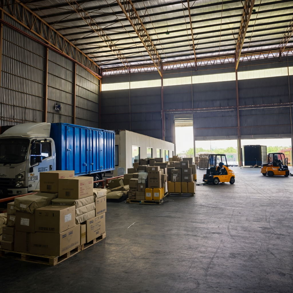 Industrial property and industrial property Klang Valley are depicted in this photograph of a spacious logistics warehouse interior, featuring high ceilings with metal trusses and wide open floor space. In the foreground, pallets of boxed goods are neatly stacked, while a blue cargo truck is parked along the loading area. Two yellow forklifts operate within the warehouse, moving inventory across the concrete floor. Natural light enters through large open bay doors at the far end, highlighting an active industrial environment that reflects the scale and functionality of Malaysia’s logistics and distribution hubs.
