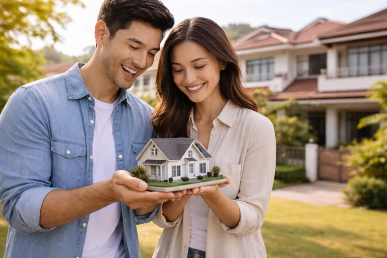 Real Estate investment in Malaysia blog post represented by a young Asian couple standing outdoors in a Malaysian residential neighborhood, carefully holding a small model house together while smiling and examining it. Behind them, slightly blurred Malaysian terrace-style homes with tiled roofs, greenery, and a quiet suburban street create a realistic property-buying setting, capturing the hopeful moment of new homeowners beginning their property journey.