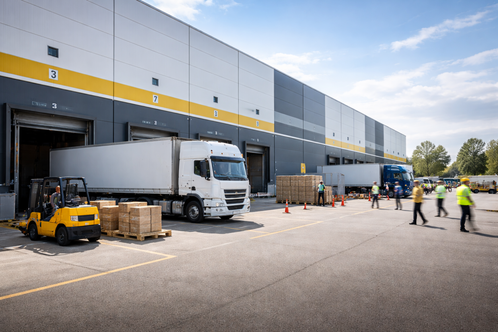 A realistic photograph of a large industrial logistics warehouse facility with multiple loading bays and delivery trucks parked along the building. In the foreground, pallets of goods and a yellow forklift are positioned near a loading dock, while a white cargo truck is backed into the warehouse for unloading. Several workers wearing safety vests and helmets walk across the loading area in the background, intentionally blurred to emphasize motion and depth, giving the impression of a busy logistics operation. 