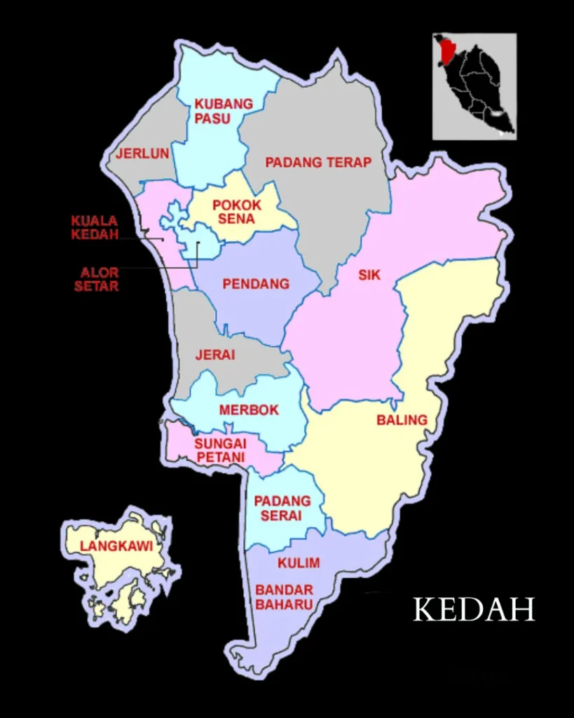 Map of the state of Kedah, Malaysia, showing clearly defined district boundaries labeled in red text. Key districts such as Kubang Pasu, Padang Terap, Pokok Sena, Pendang, Sik, Baling, Kulim, and Bandar Baharu are highlighted in different colors to distinguish regions. Coastal areas like Kuala Kedah and Alor Setar are marked on the western side, while Langkawi island is shown separately at the bottom left.
